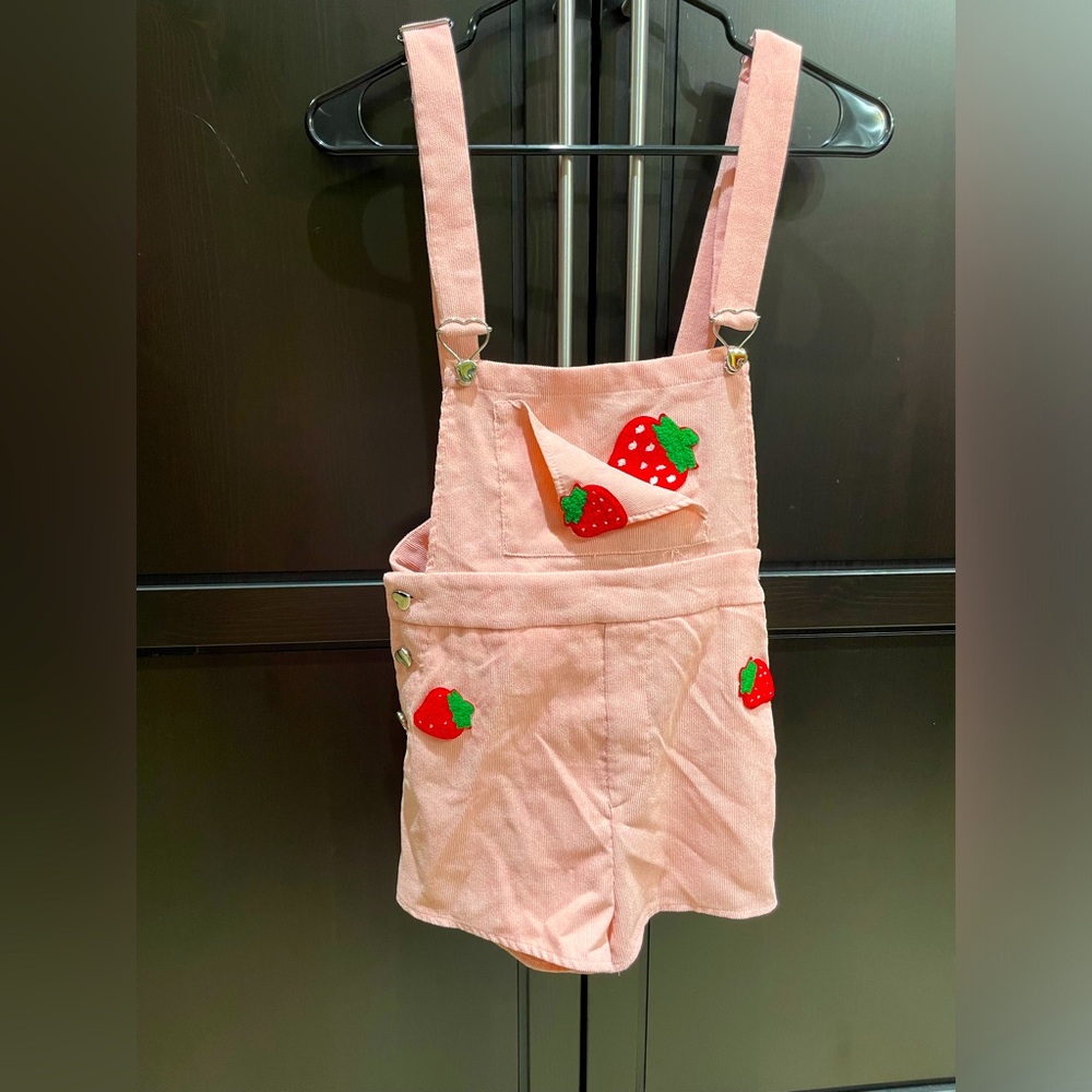 SHEIN MOD Strawberry Patched Crisscross Back Overall Romper
